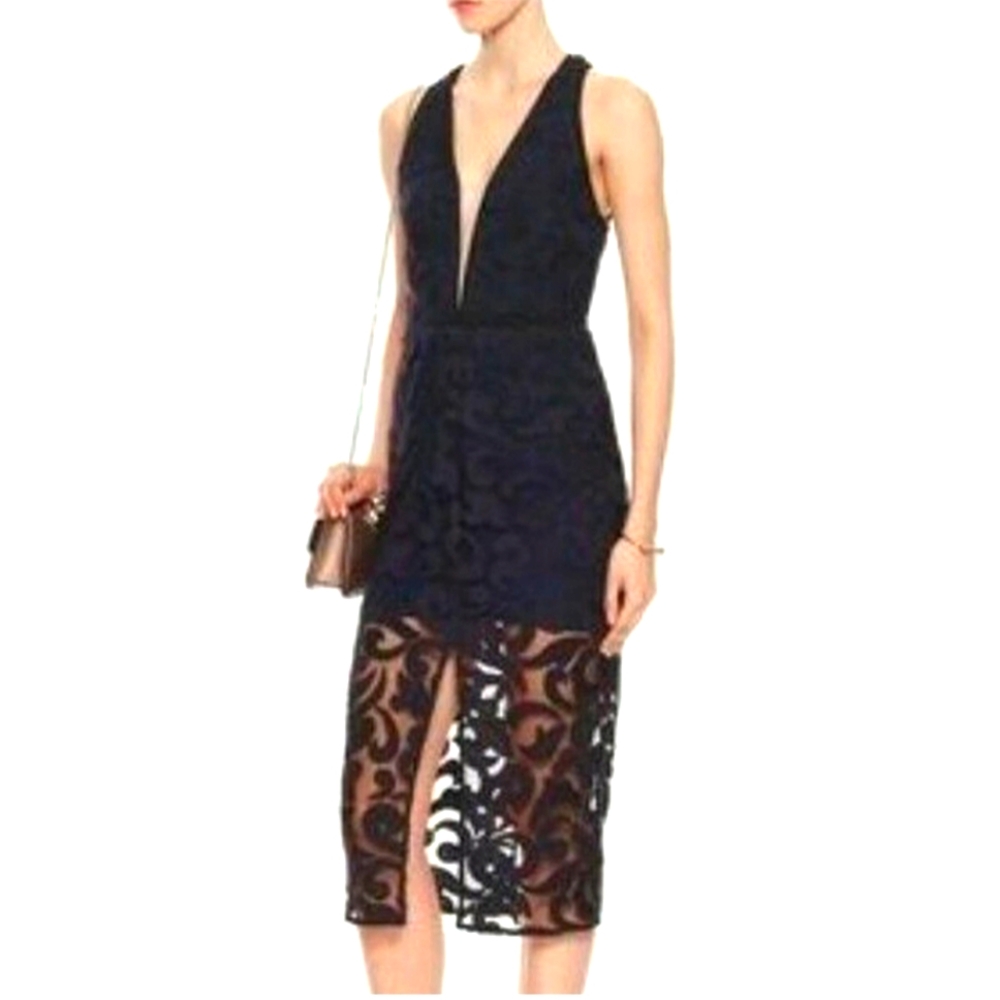 Manning Cartel Navy Deep V Lace Sheath Dress Plunge Midi Sheer